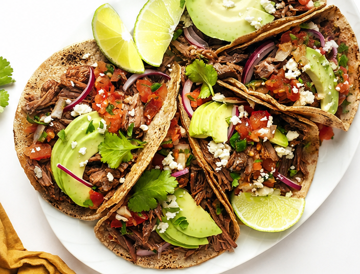 Orden de 4 Tacos de carne con aguacate y salsa