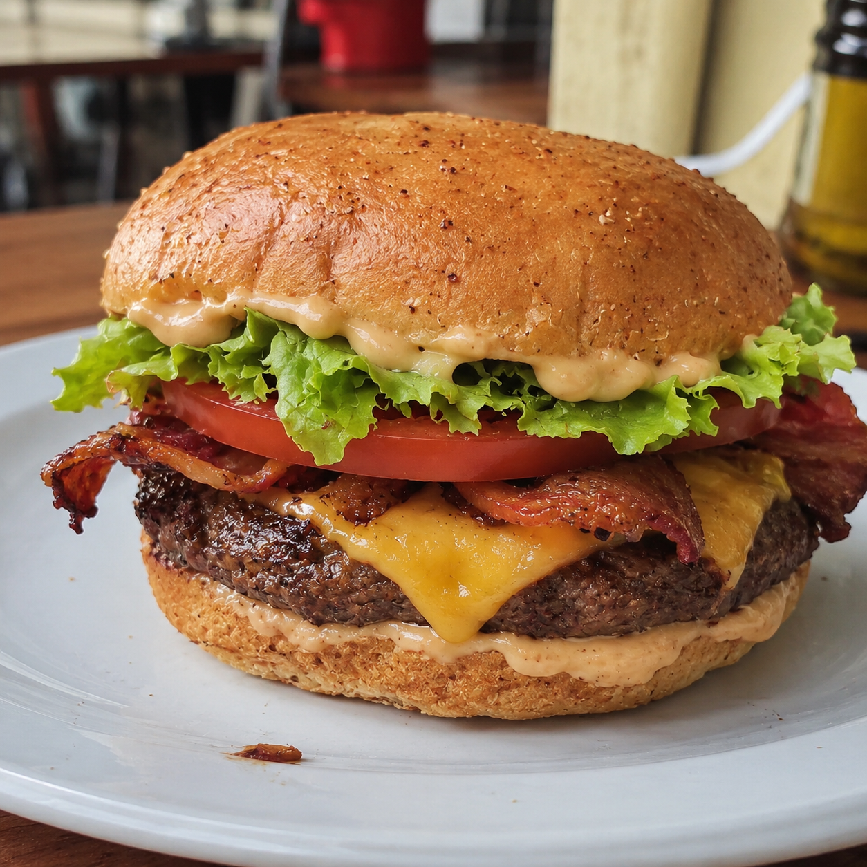 Hamburguesa con queso, tocino y vegetales